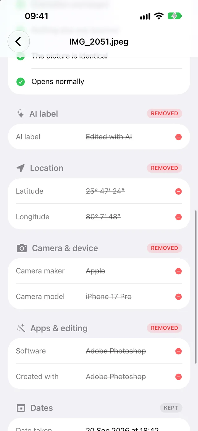 Details screen: AI label, location, camera and editing app removed and verified
